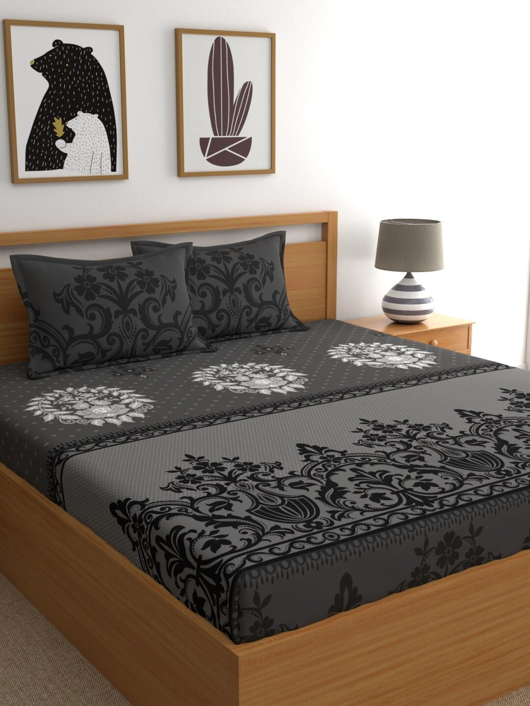 Dreamscape Grey & White Ethnic Motifs 144 TC Queen Bedsheet with 2 Pillow Covers - Distacart