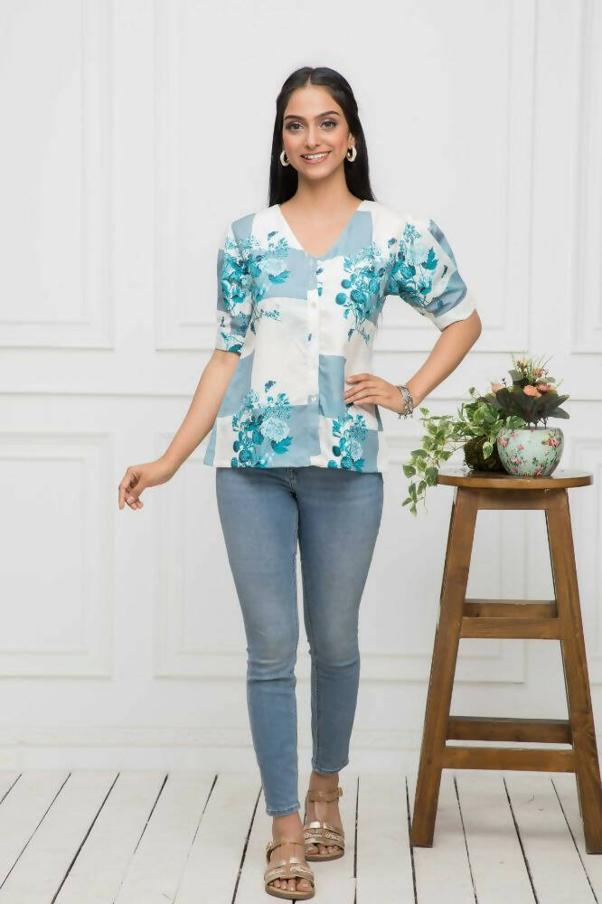 Myshka Women White Floral V-Neck Flutter Sleeves Viscose Rayon Top - Distacart