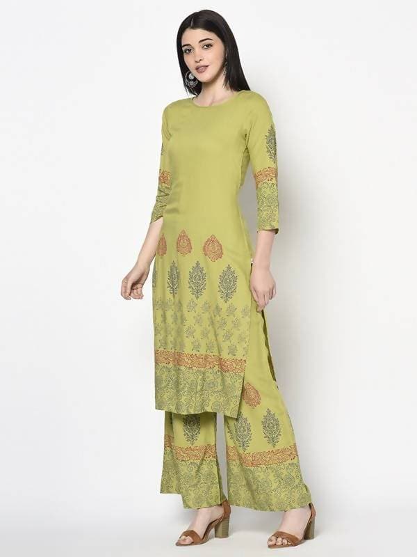 Aniyah Rayon Parrot Green Color Block Print Straight Kurta (AN-198K)