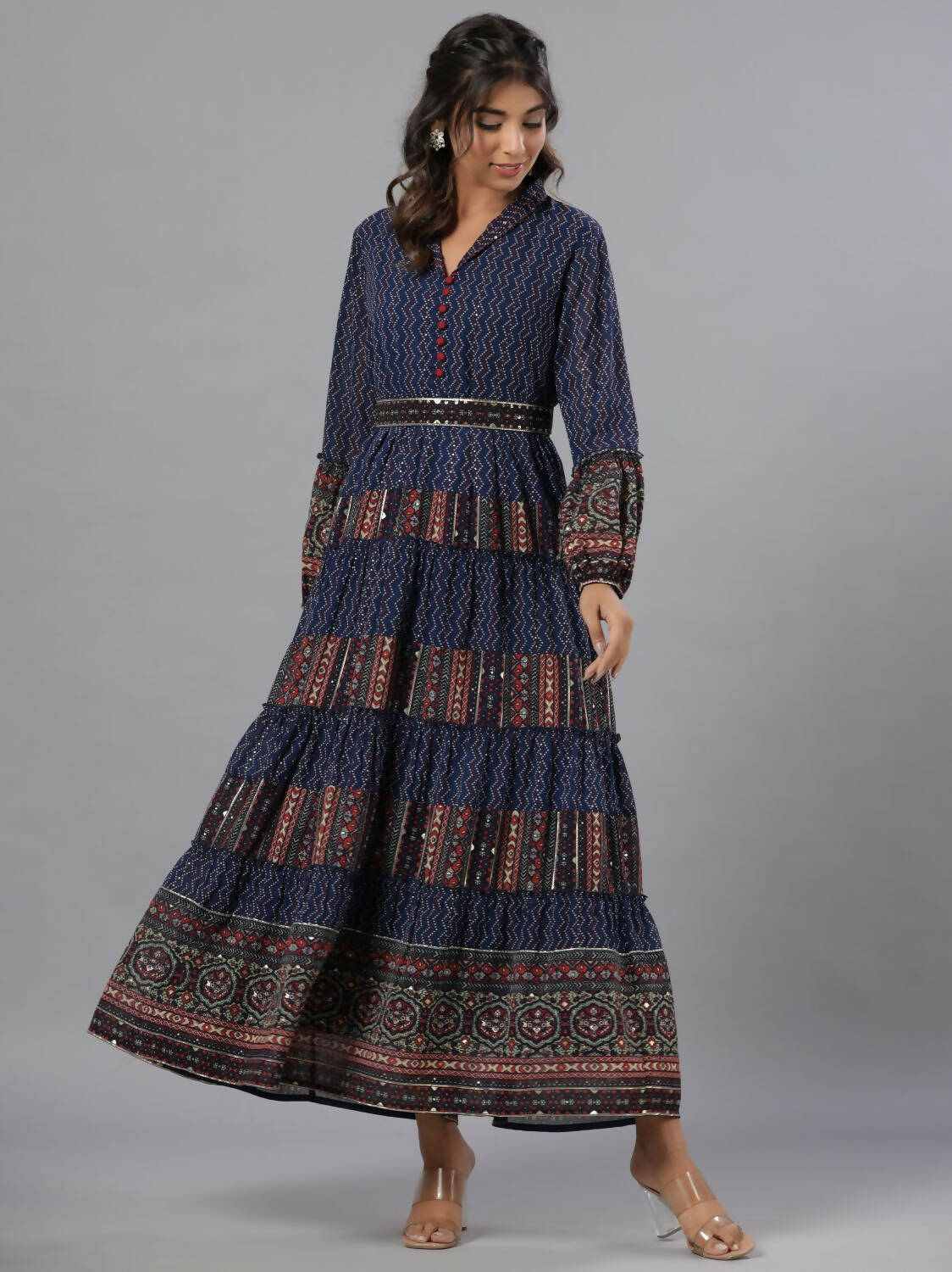 Juniper Women Navy Blue Georgette Printed Tiered Maxi Dress - Distacart