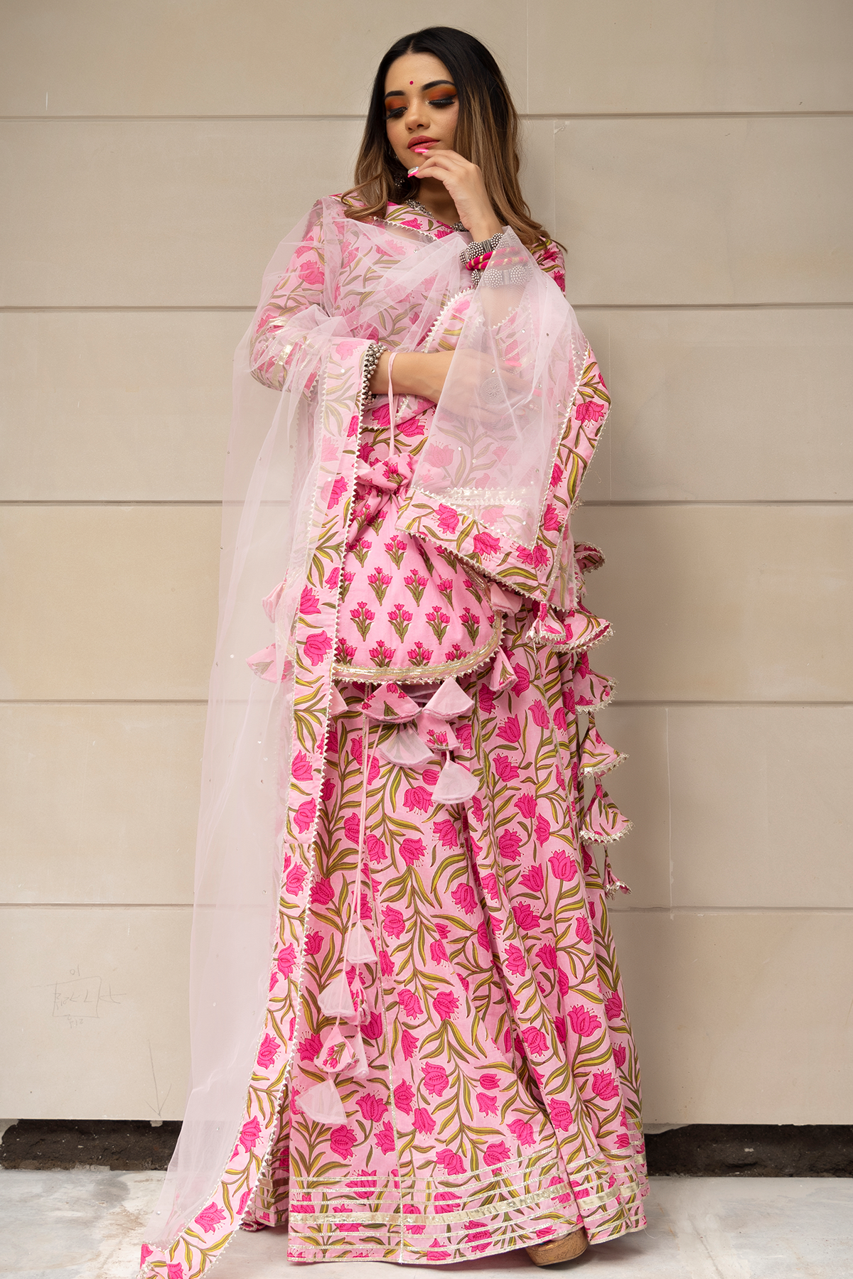 Pomcha Jaipur Tulsi Pink Cotton Hand Block Skirt Set - Distacart