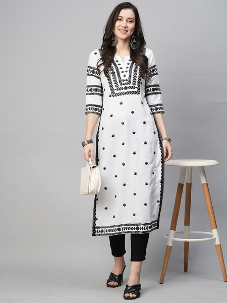 Kalini Floral Embroidered Notch Neck Thread Work Cotton Kurta - Distacart