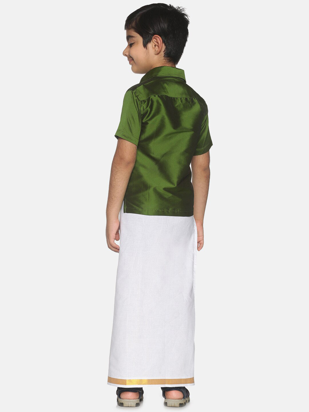 Sethukrishna Boys Olive Green & White Shirt And Veshti Set - Distacart