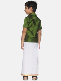 Thumbnail for Sethukrishna Boys Olive Green & White Shirt And Veshti Set - Distacart