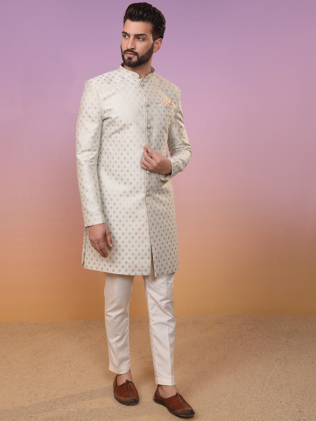 KISAH Ethnic Motifs Woven Design Mandarin Collar Sherwani Set - Distacart