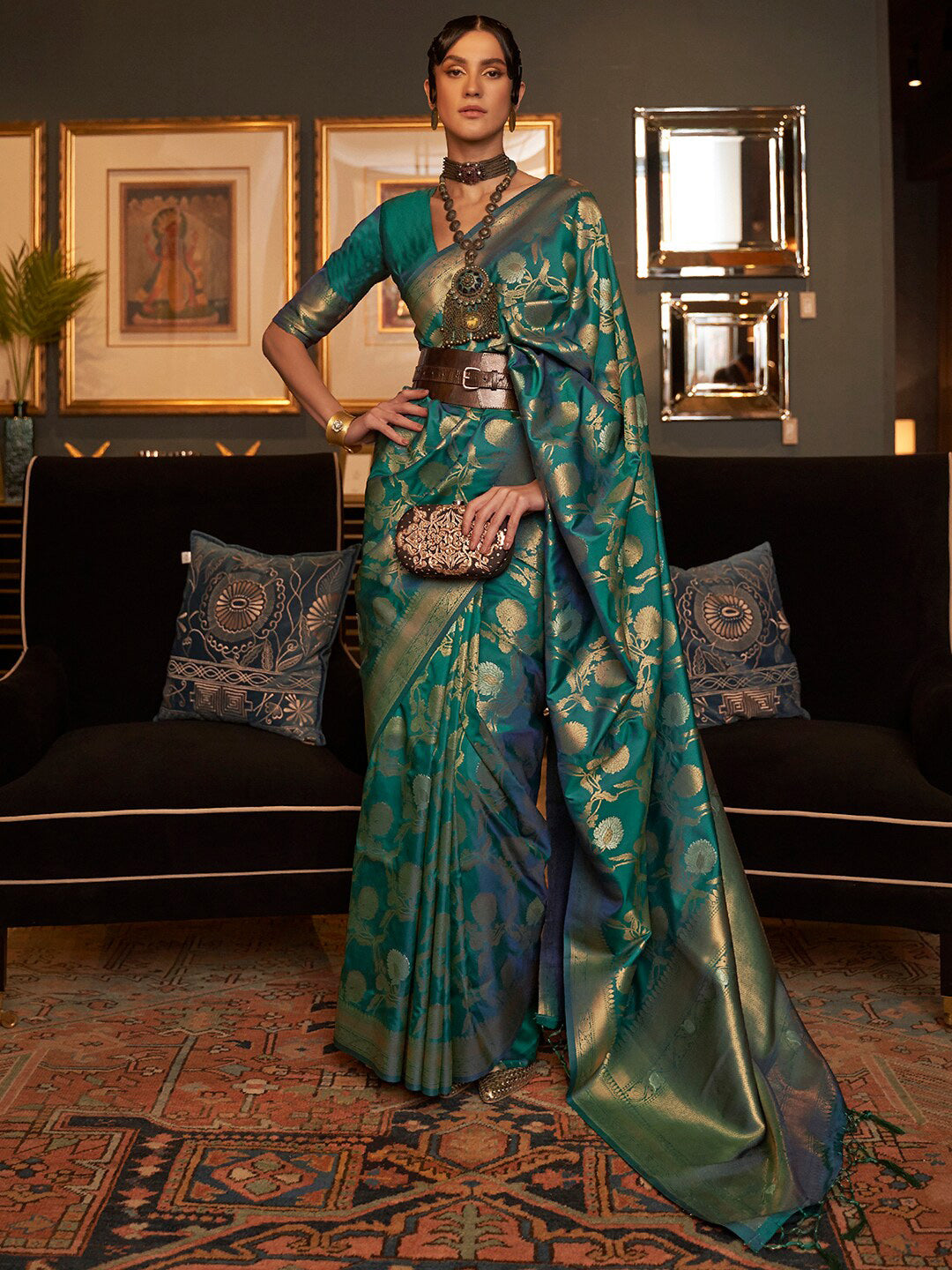 Mitera Teal & Gold-Toned Woven Design Zari Silk Blend Banarasi Saree - Distacart