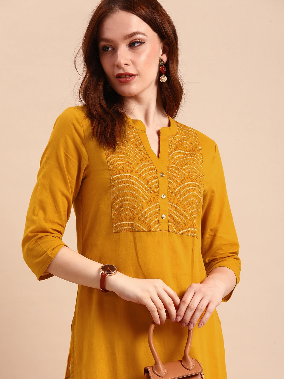 All About You Women Yellow Bandhani Yoke Design Pure Cotton Kurta - Distacart