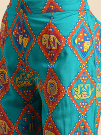 Thumbnail for Anouk Women Teal Blue & Rust orange Ethnic Motifs Printed Pure Cotton Kurta with Palazzos - Distacart