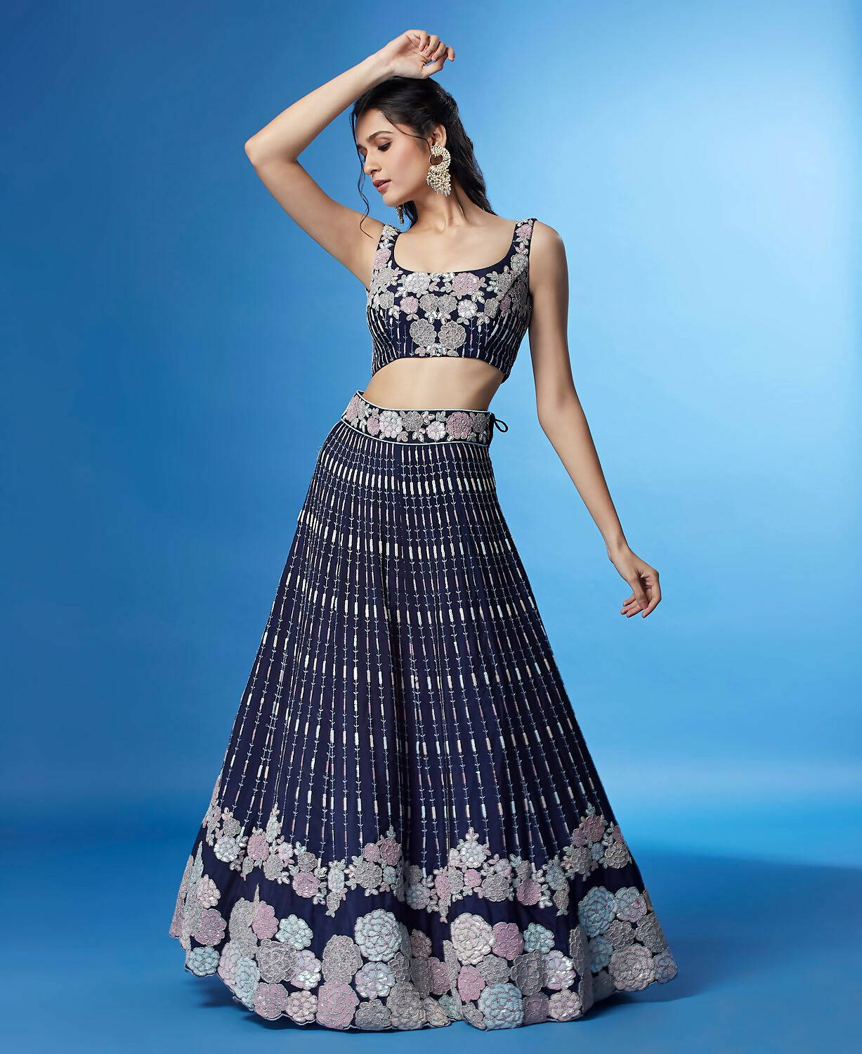 House of Panchhi Navy Blue Color Georgette Multi-Sequins Work Lehenga - Distacart