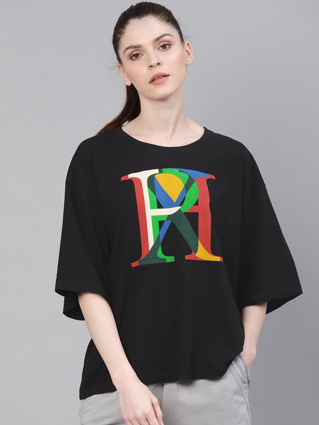 HRX by Hrithik Roshan Women Black Green Printed Lifestyle BOXY Fit Pure Cotton T-shirt - Distacart