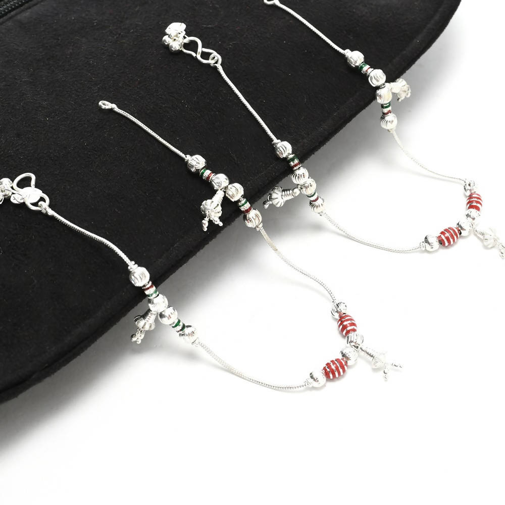 Tehzeeb Creations Silver Plated Anklet With Green And Red Line