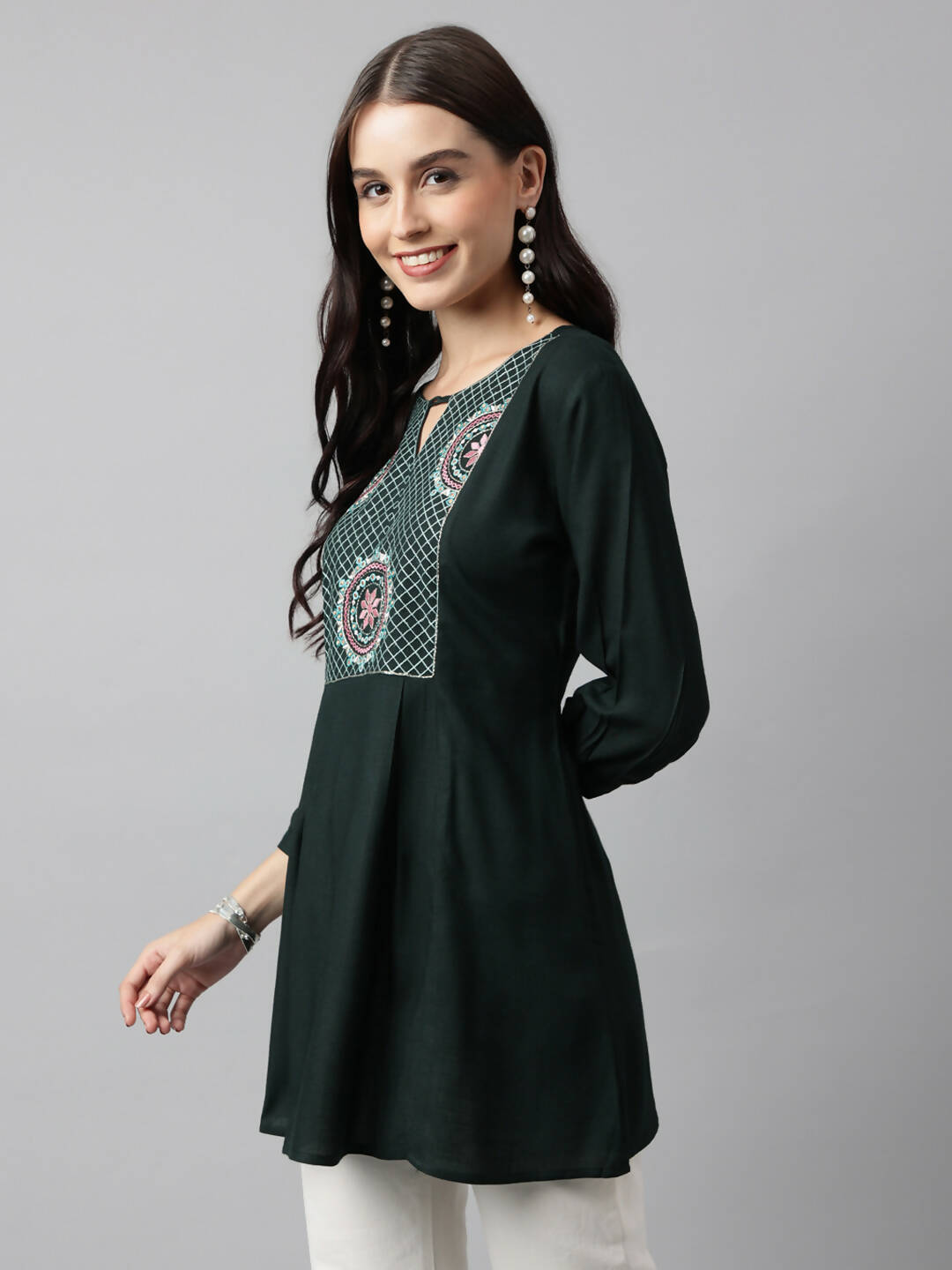 Buy Green Rayon Yoke Embroidered A-line Top - Tarini Online at Best Price