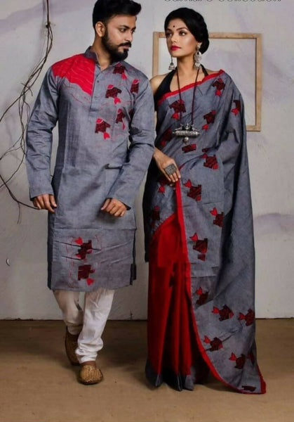 Exclusive Collection Saree With Blouse Piece For Women And Men's Kurta - Gray - Distacart