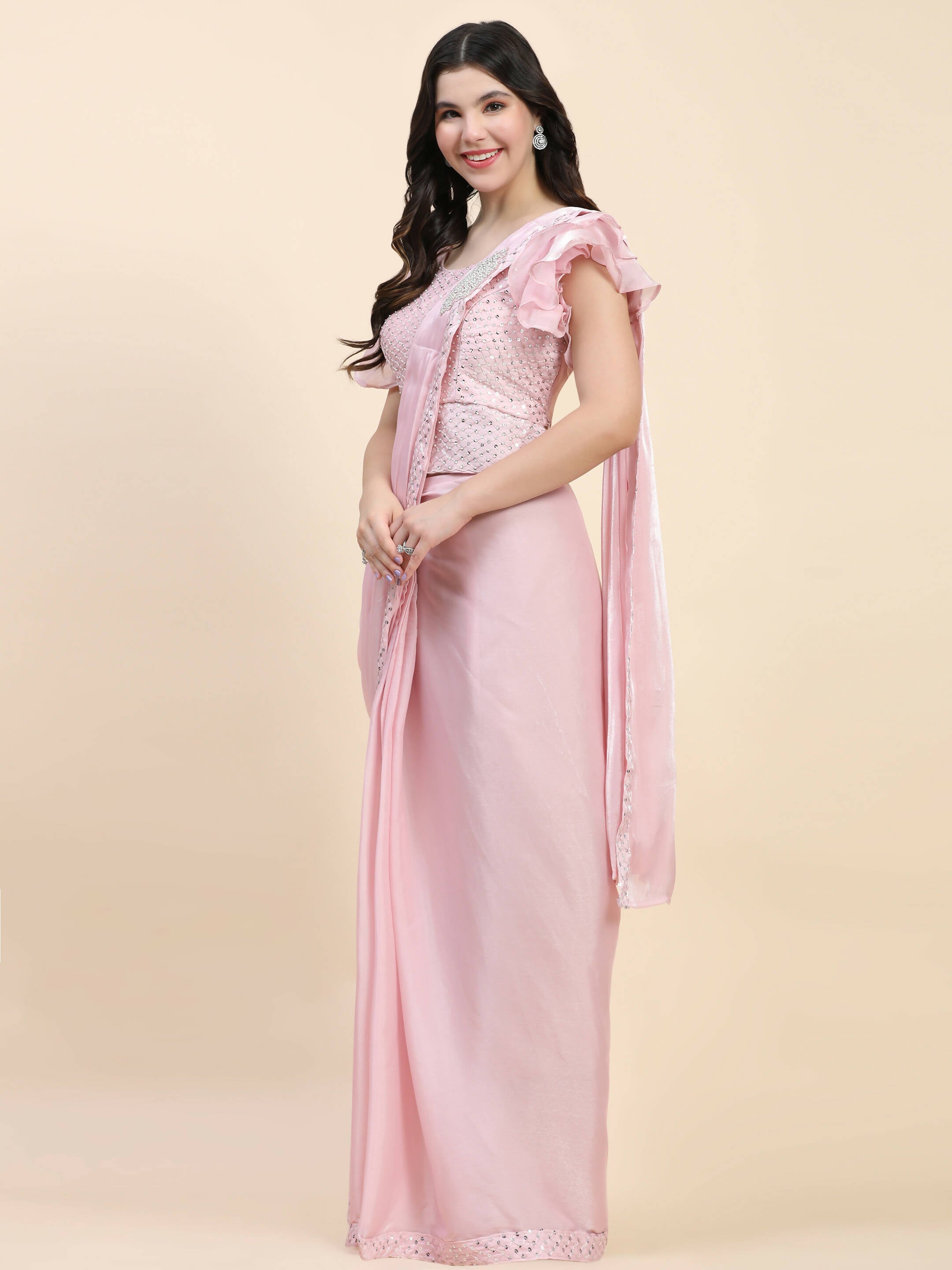 Light Pink Silk Satin Ready Wear Saree in Silk Satin