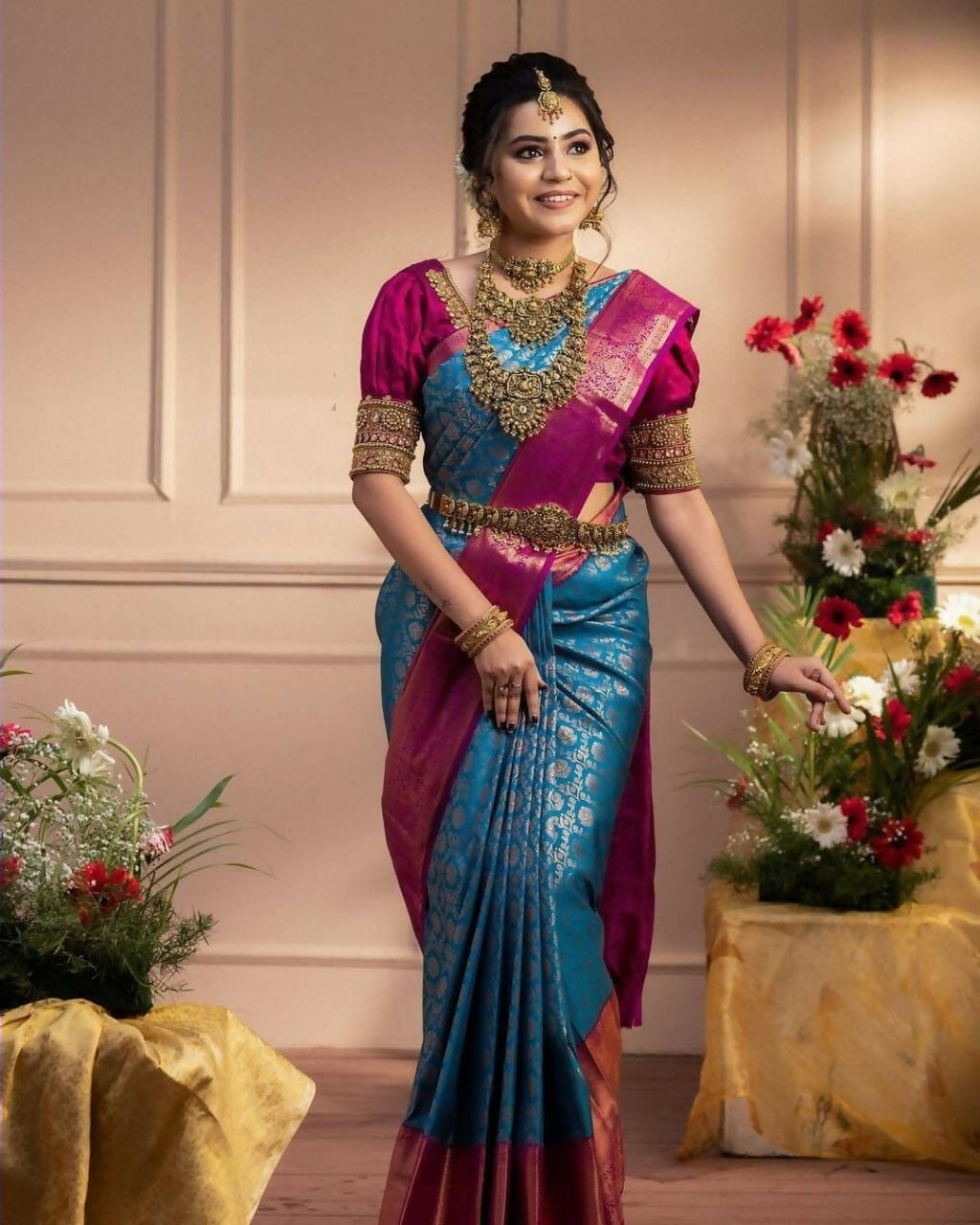 DEIANA'S Beautiful Golden Jari with New Design Soft Lichi Silk Saree - Blue - Distacart