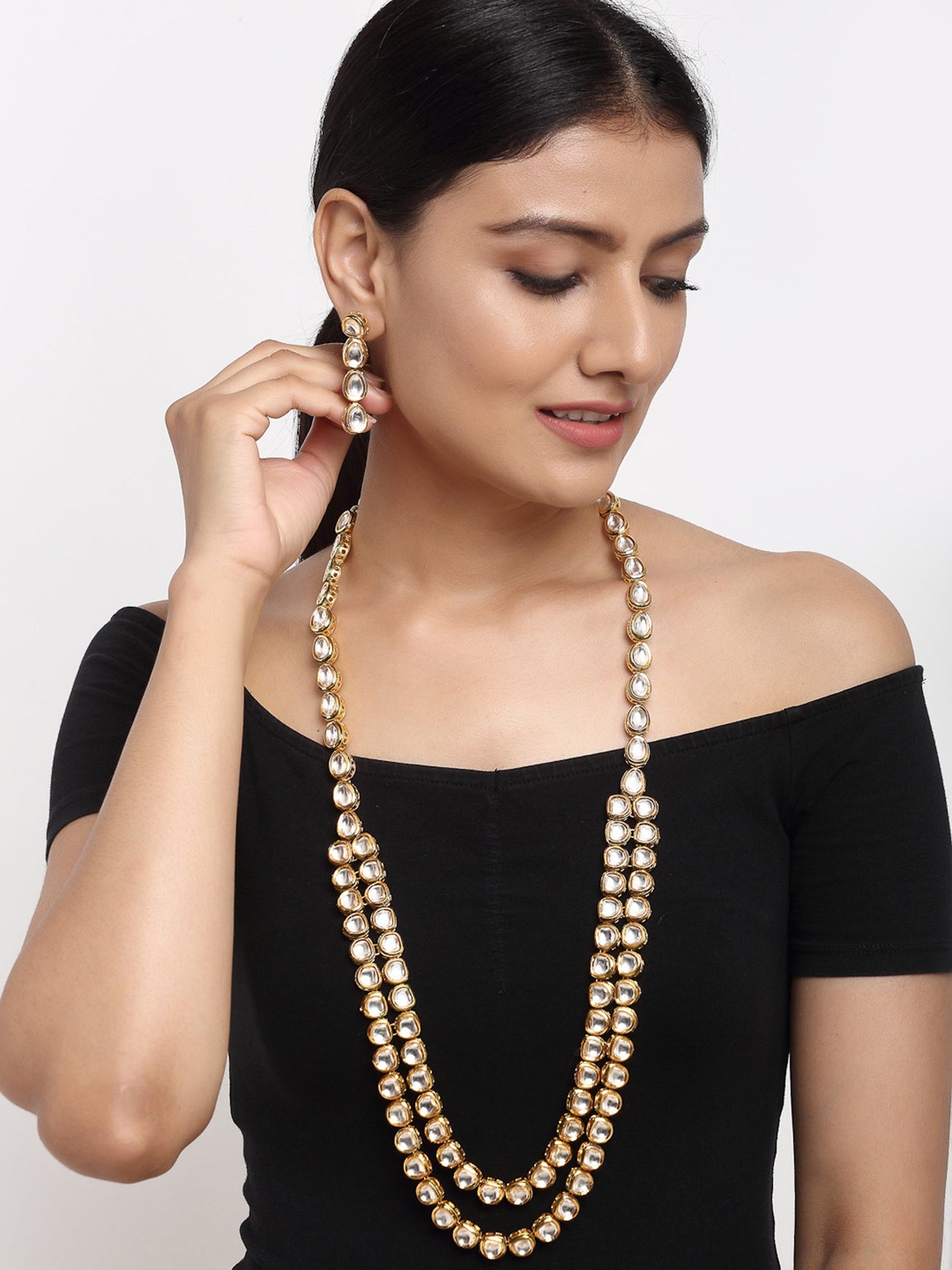 Gold Plated Long Kundan Neckpiece With Earrings - Ruby Raang - Distacart