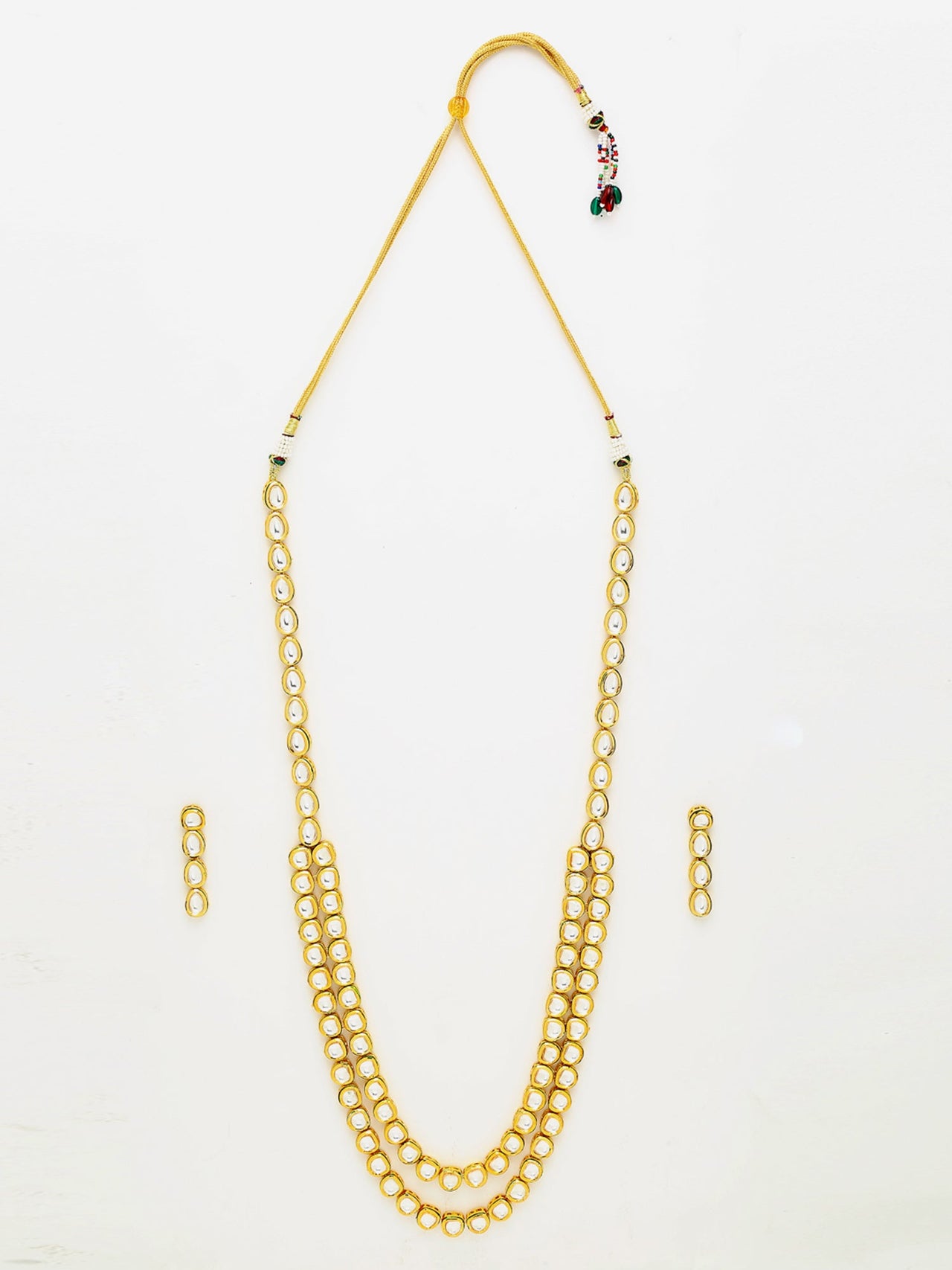 Gold Plated Long Kundan Neckpiece With Earrings - Ruby Raang - Distacart