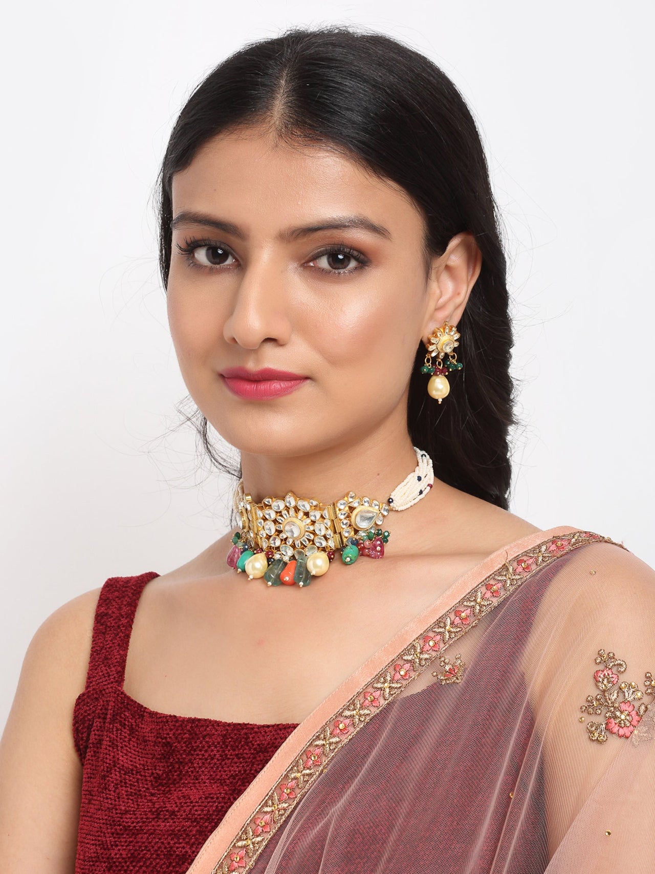 Kundan Maharani Choker With Earrings - Ruby Raang - Distacart