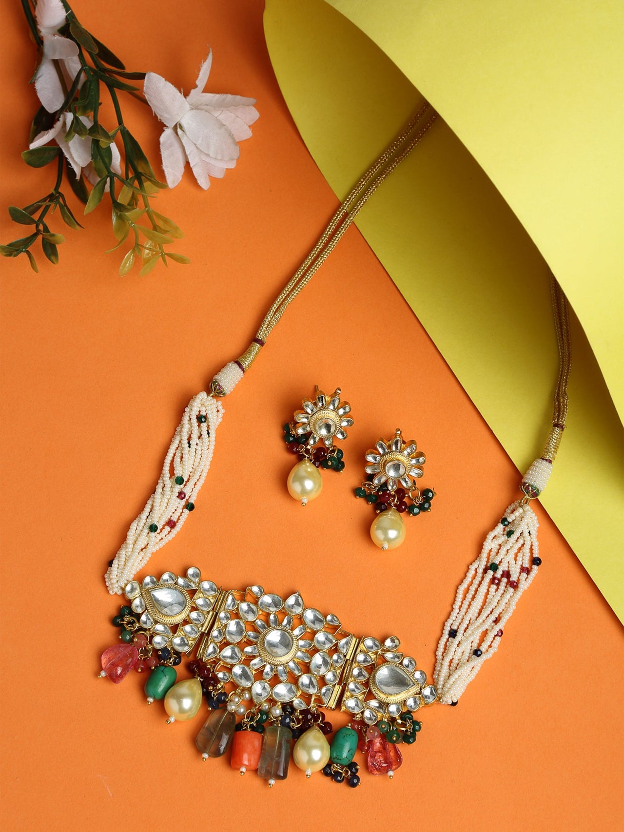 Kundan Maharani Choker With Earrings - Ruby Raang - Distacart