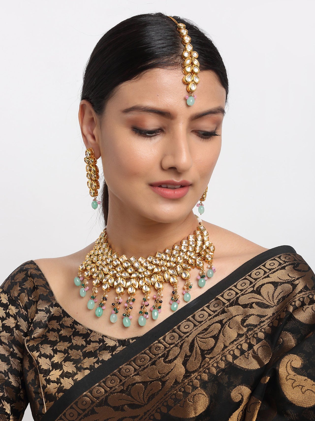 Kundan Neckpiece With Earrings And Maang Tikka - Ruby Raang - Distacart