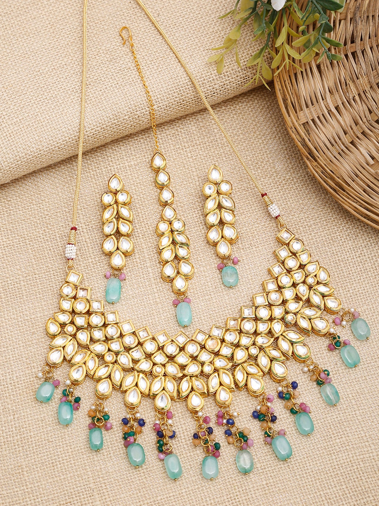 Kundan Neckpiece With Earrings And Maang Tikka - Ruby Raang - Distacart