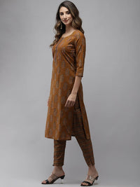 Thumbnail for Yufta Women Mustard Brown Sequinned Pure Cotton Kurta with Trouser