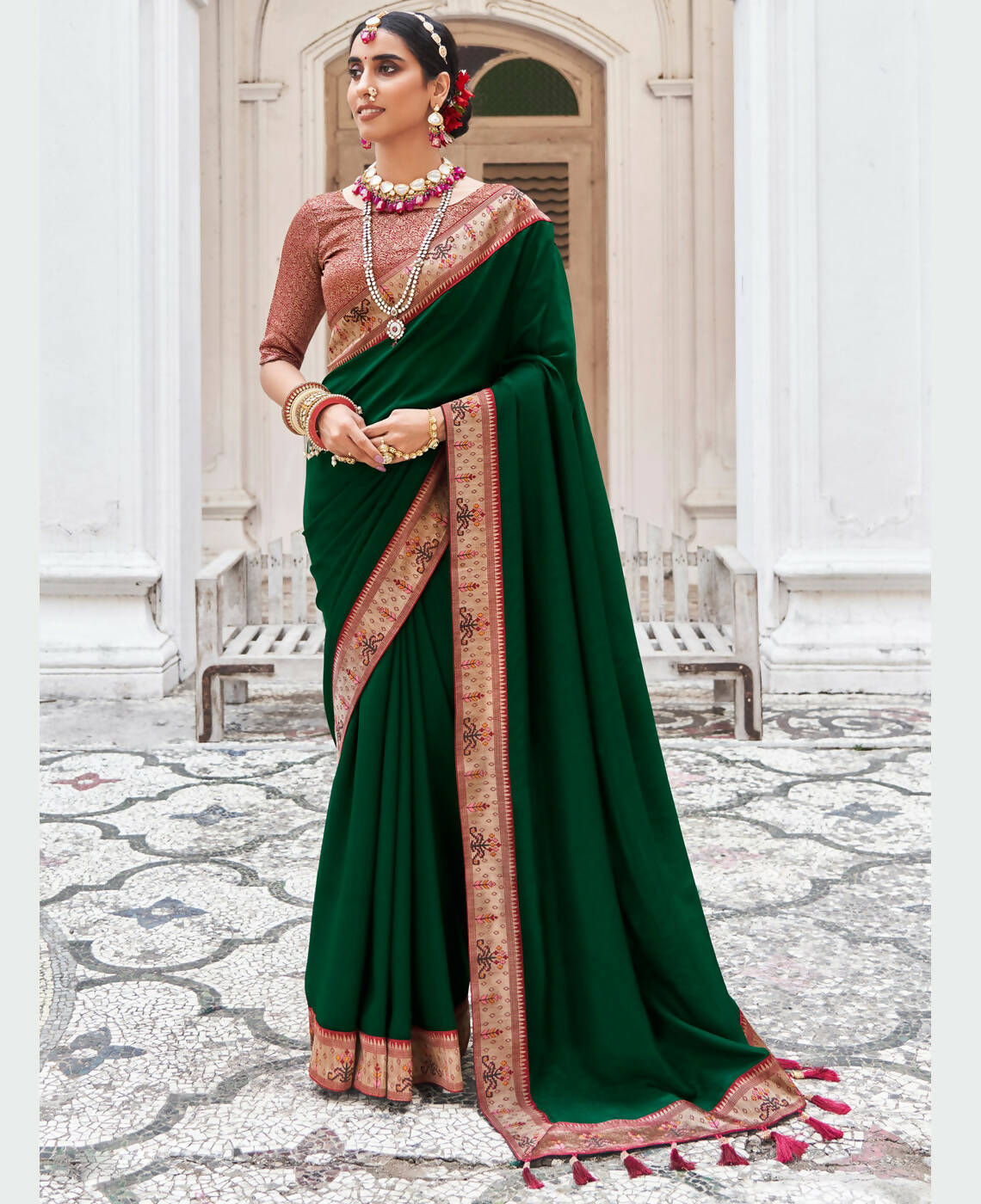 Glowing Party Wear Dark Green Color Silk Weave Saree With Matching Blouse