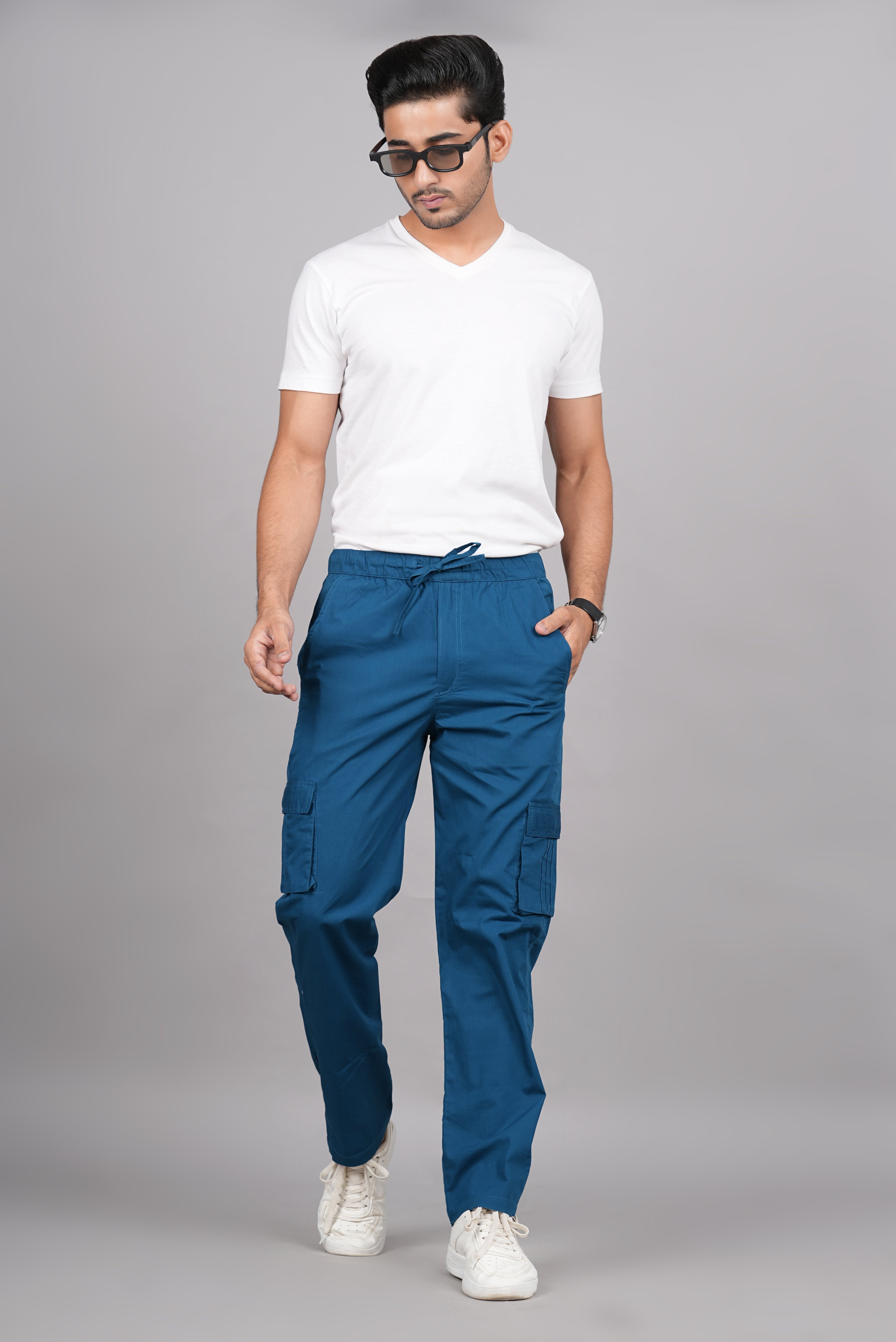 House of RP Men's Cotton DarkBlue Slim Fit Solid Cargos, Casual Trousers  with Cargo Pockets