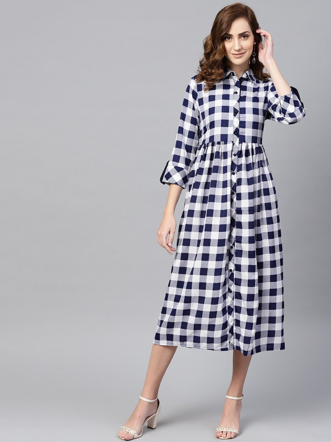 Buy NOZ2TOZ Electric Blue Checked Shirt Collar Dress With Front