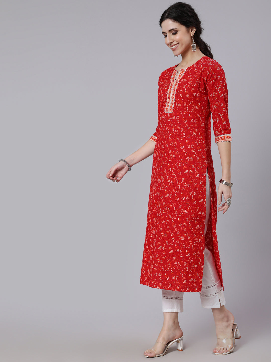 Wahe-NOOR Women Red Printed Straight kurta With Three Quarter Sleeves - Distacart