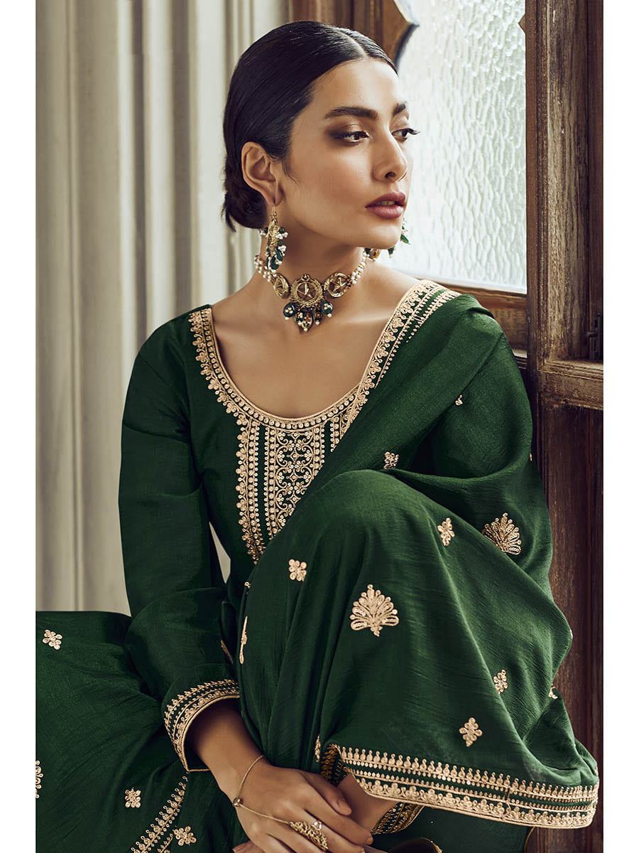 Myra Bottle Green Premium Silk Embroidered Pant Style Suit - Distacart