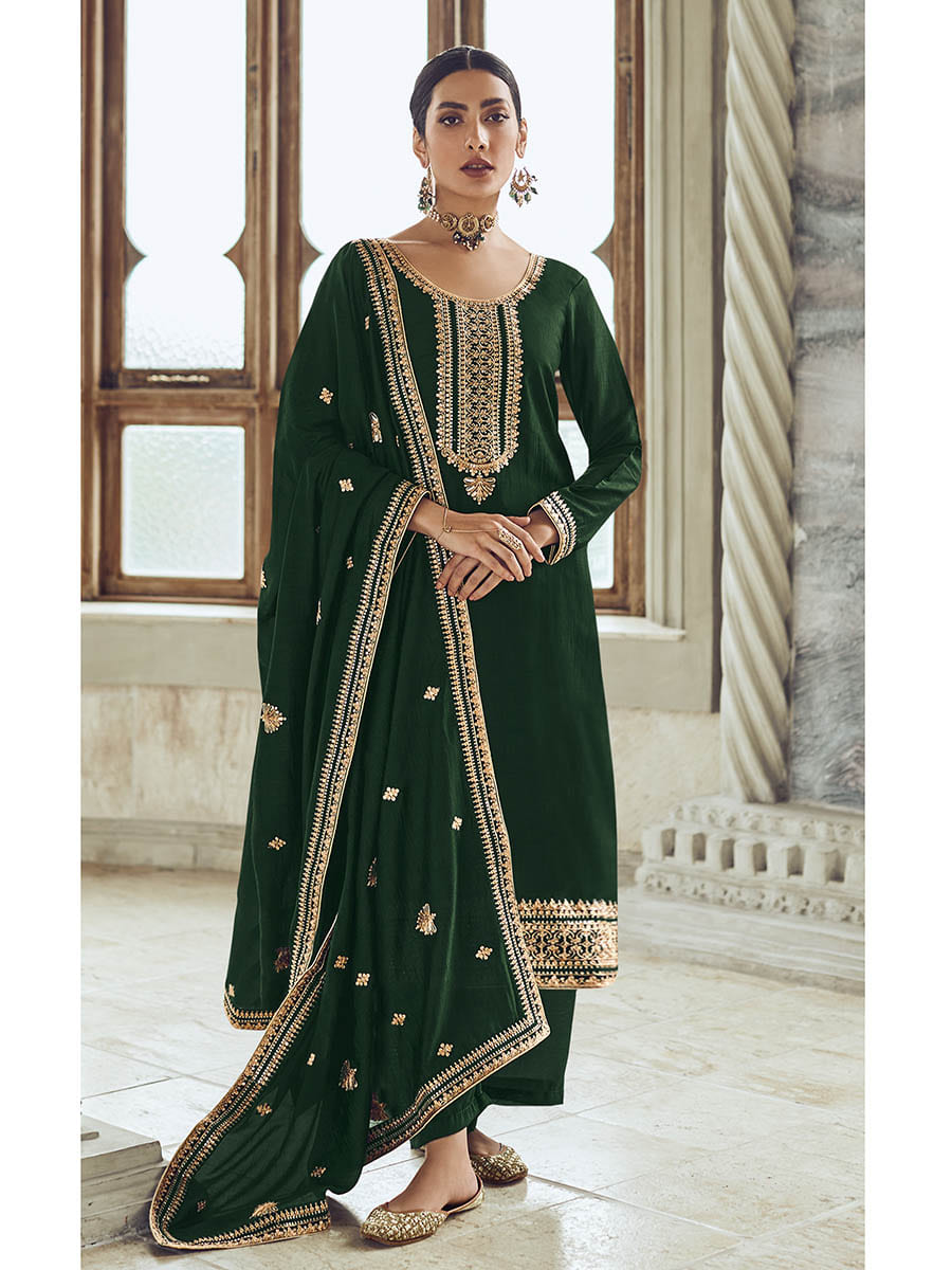 Myra Bottle Green Premium Silk Embroidered Pant Style Suit - Distacart