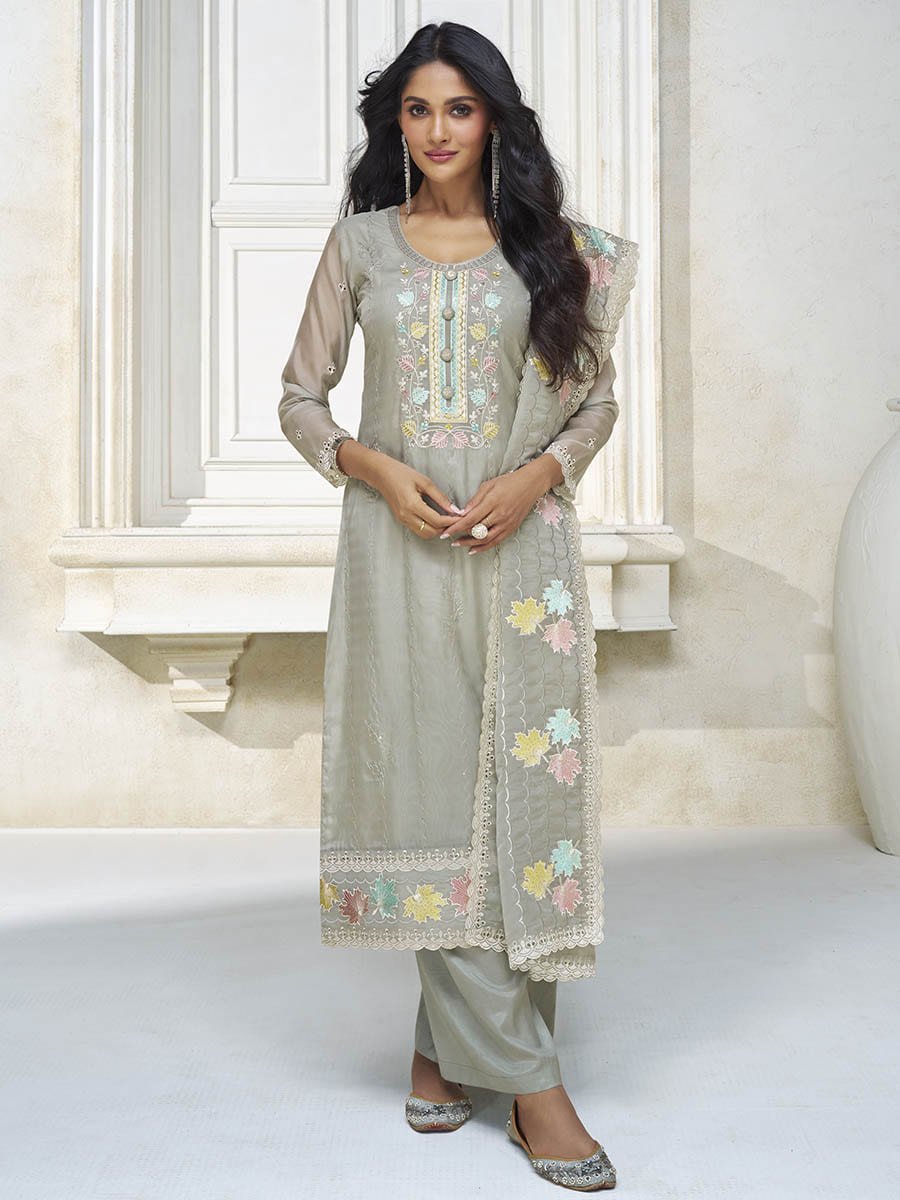 Grey Embroidered Net Pant Style Suit