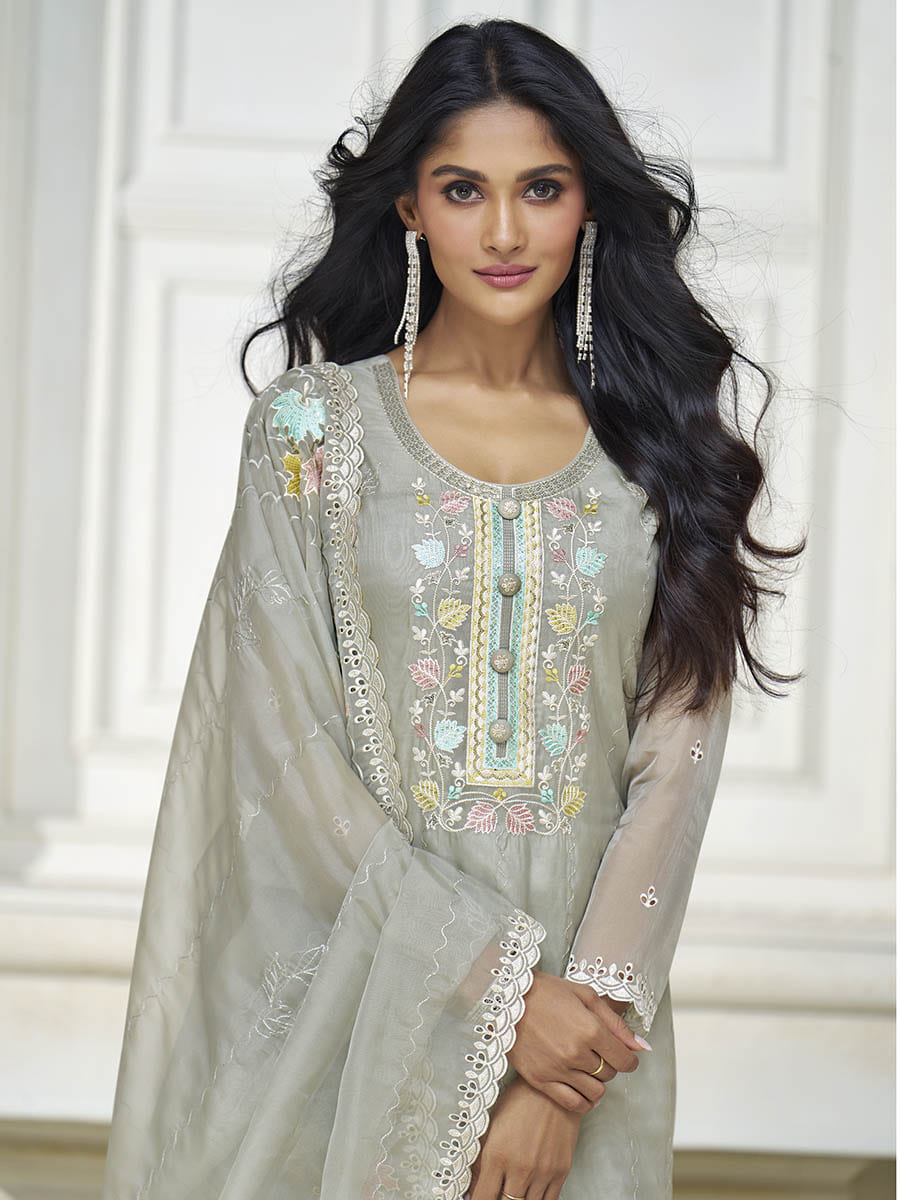 Buy Myra Pastel Grey Organza Silk Embroidered Pant Style Suit Online at  Best Price | Distacart