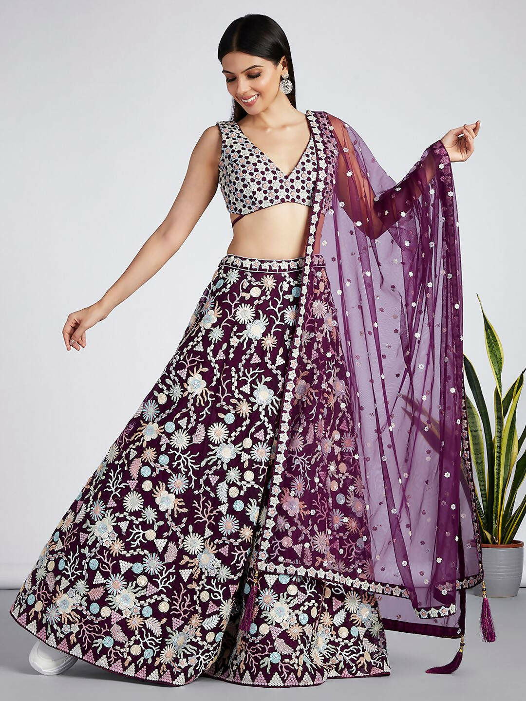 House of Panchhi Burgundy Net heavy Sequinse embroidery Semi-Stitched Lehenga choli & Dupatta - Distacart