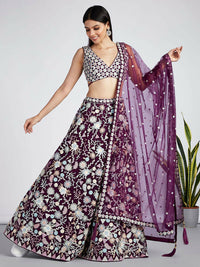 Thumbnail for House of Panchhi Burgundy Net heavy Sequinse embroidery Semi-Stitched Lehenga choli & Dupatta - Distacart