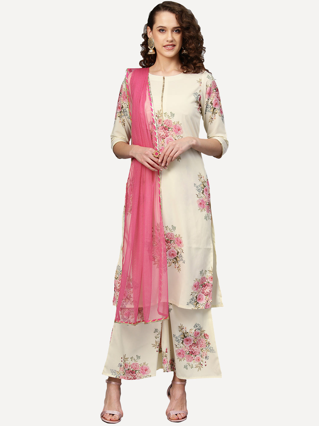 Ahalyaa Women Cream-Coloured & Pink Printed Kurta with Palazzos & Dupatta