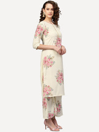 Thumbnail for Ahalyaa Women Cream-Coloured & Pink Printed Kurta with Palazzos & Dupatta