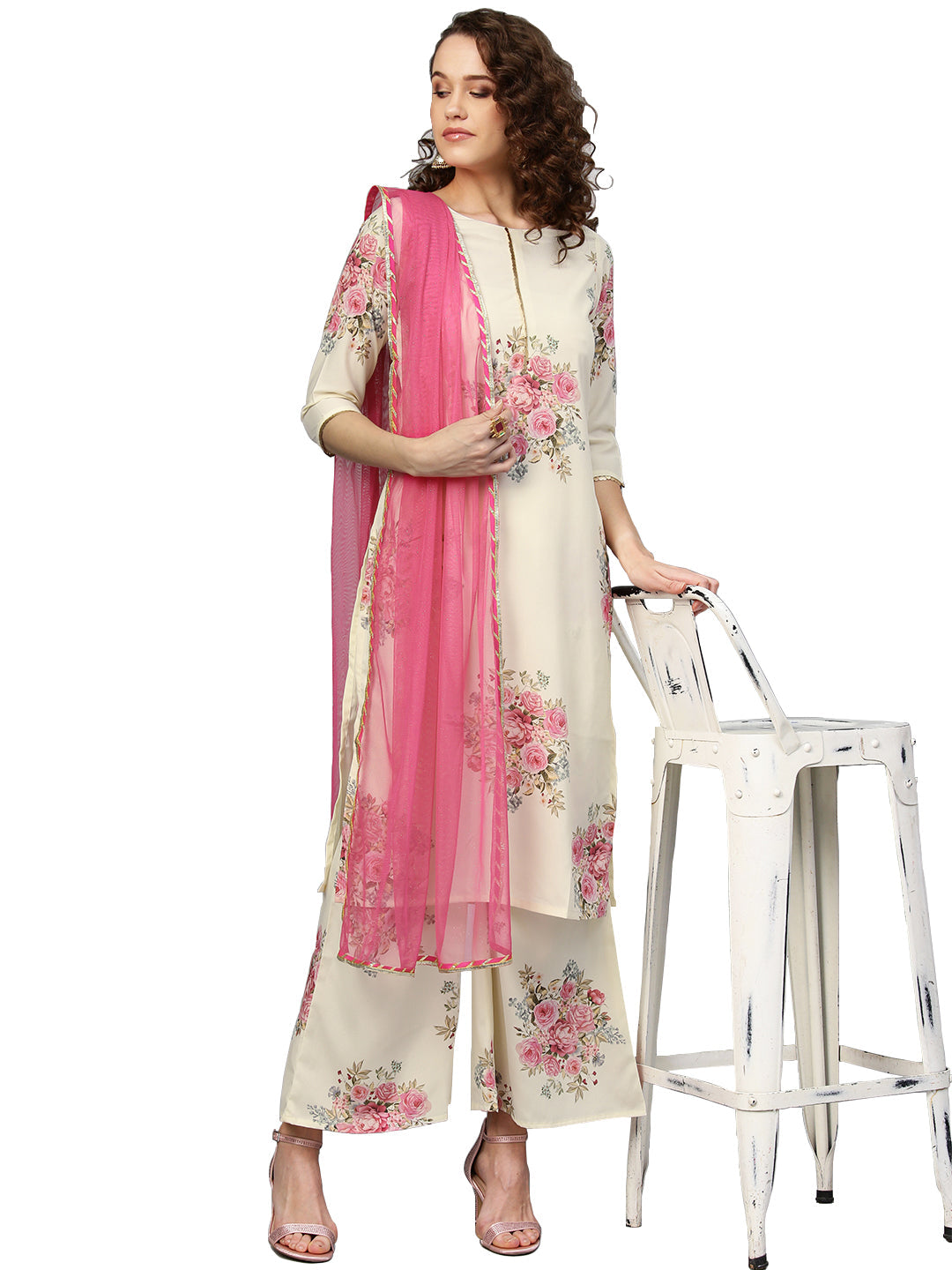 Ahalyaa Women Cream-Coloured & Pink Printed Kurta with Palazzos & Dupatta