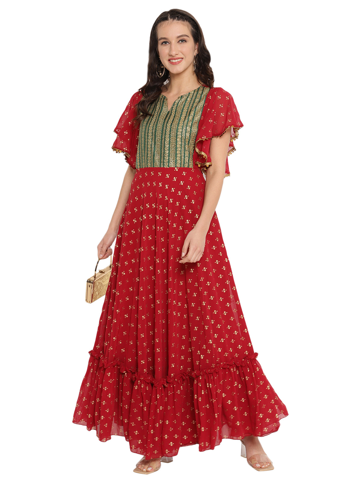 Red printed fit and flare long dress by The Anarkali Shop