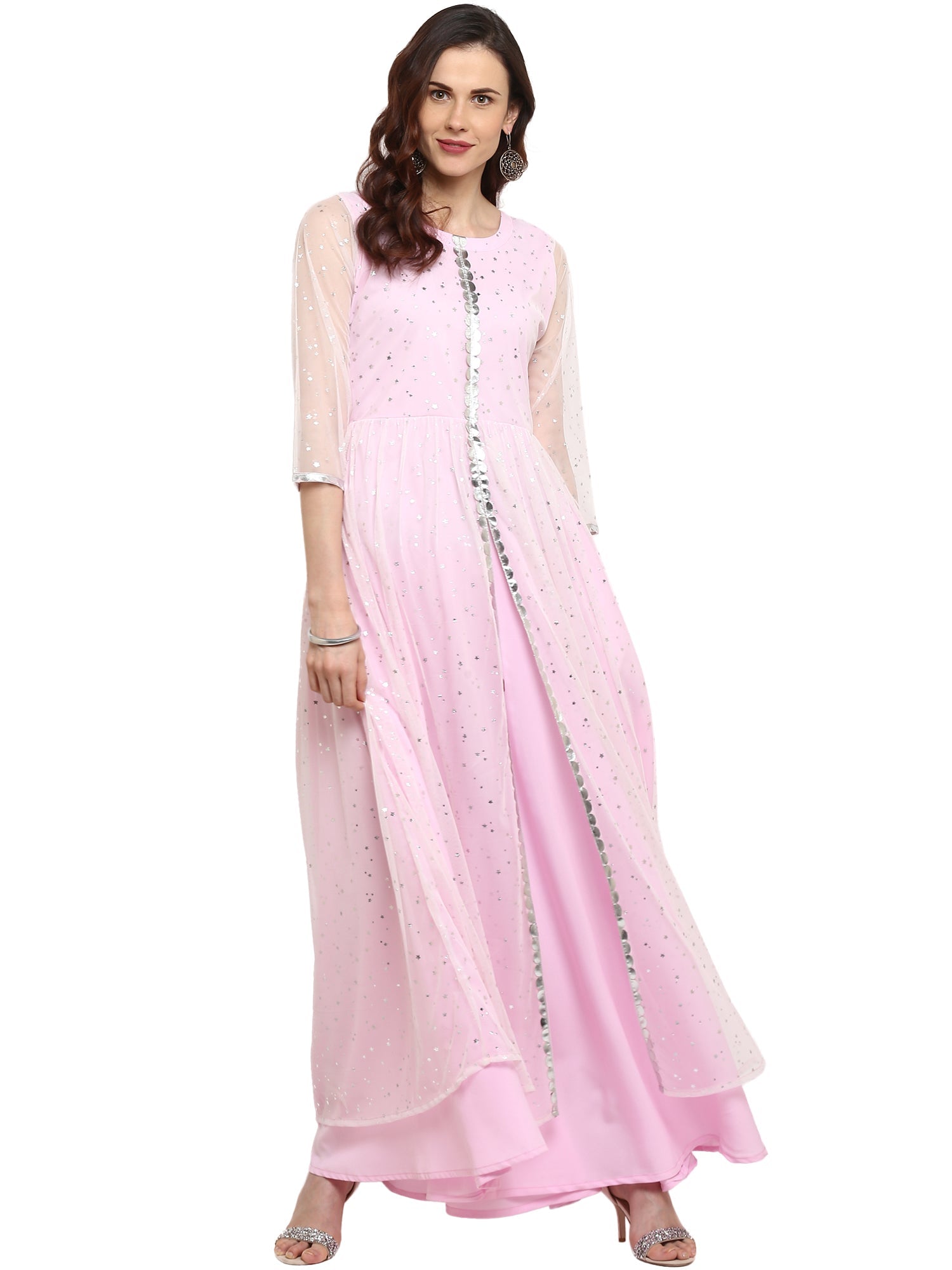 Buy Pink Foil Printed Net Gown Wedding Wear Online at Best Price | Cbazaar