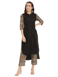 Thumbnail for Ahalyaa Women Black & Golden Printed High Low Kurta With Trouser