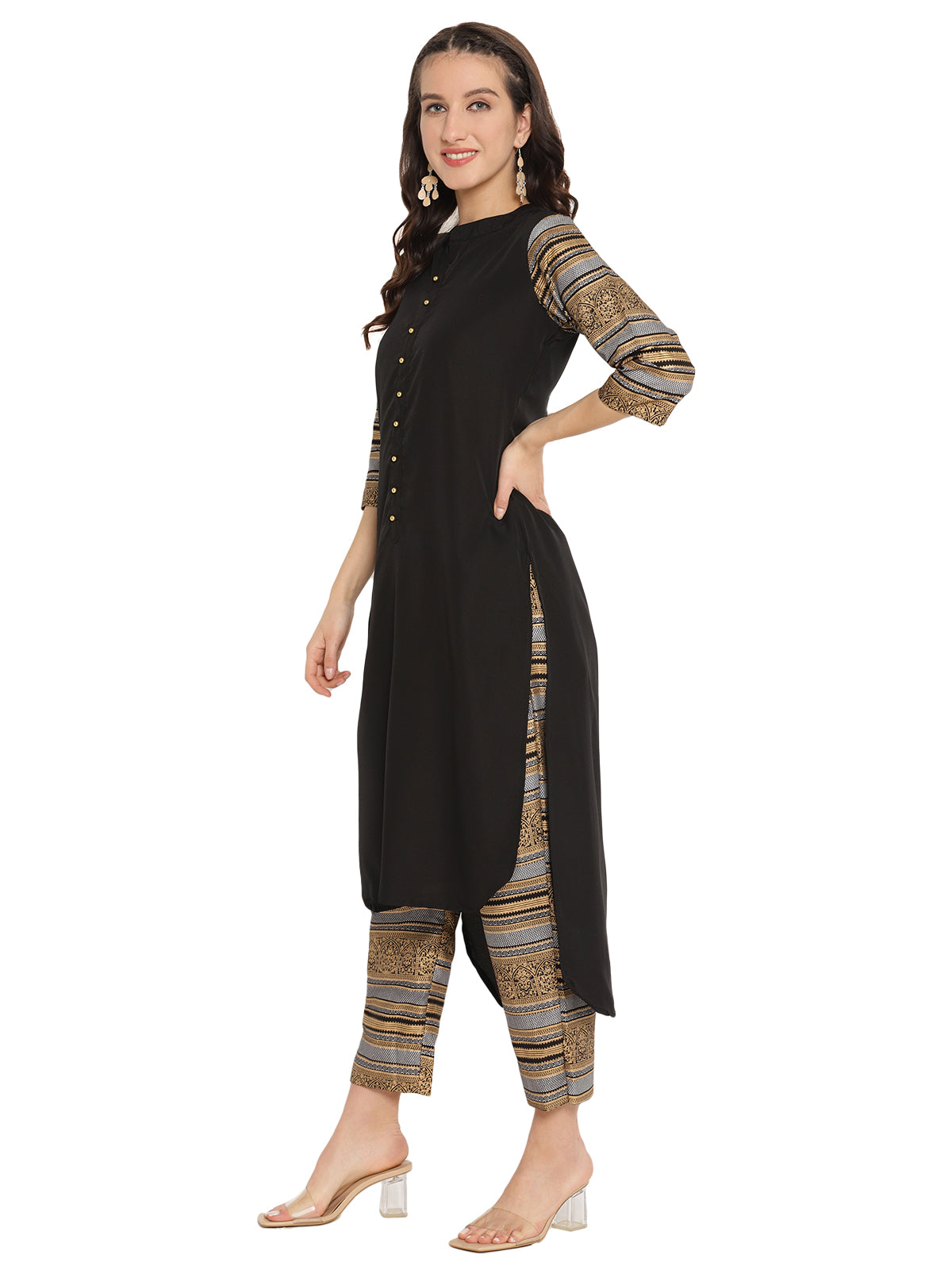 Ahalyaa Women Black & Golden Printed High Low Kurta With Trouser