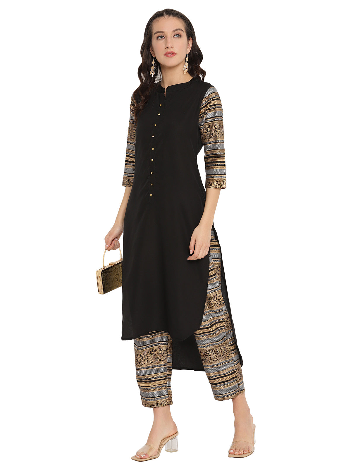 Ahalyaa Women Black & Golden Printed High Low Kurta With Trouser