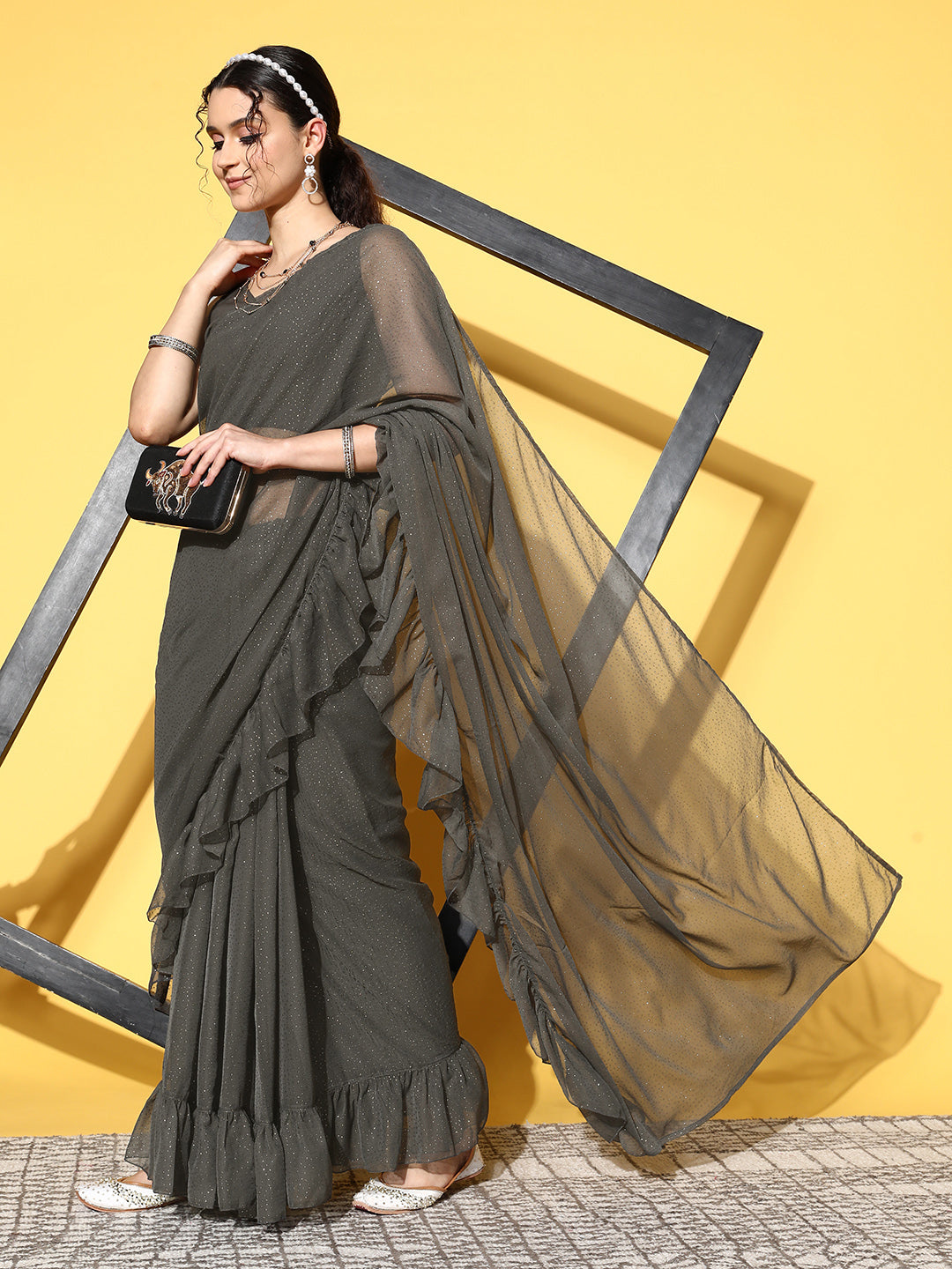 Buy Powder Blue Saree In Georgette With Ready Pleated Ruffle Pallu Online -  Kalki Fashion