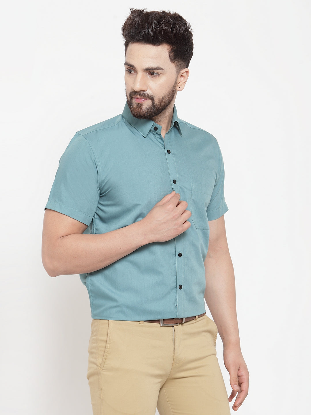 Jainish Green Men s Cotton Half Sleeves Solid Formal Shirts SF 754Aqua S