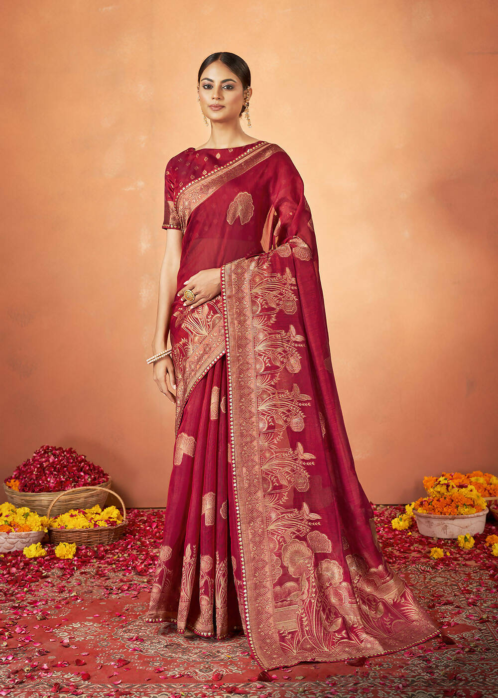 Red Kanjivaram two tone Silk Woven Design Saree With Unstitched Blouse Piece - Norita Royal Pradha - Distacart