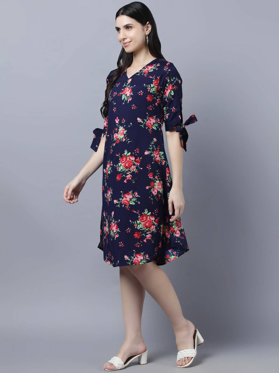 Myshka Women Navy Blue Pink Floral Print A-line Dress - Distacart