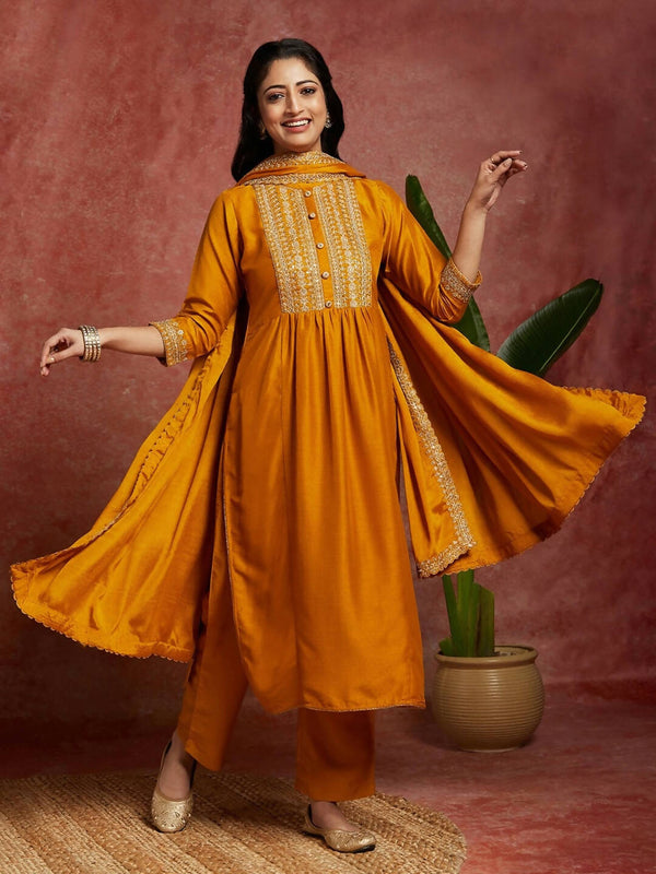 Libas Floral Sequinned Yoke Design A Line Kurta With Trousers Dupatta