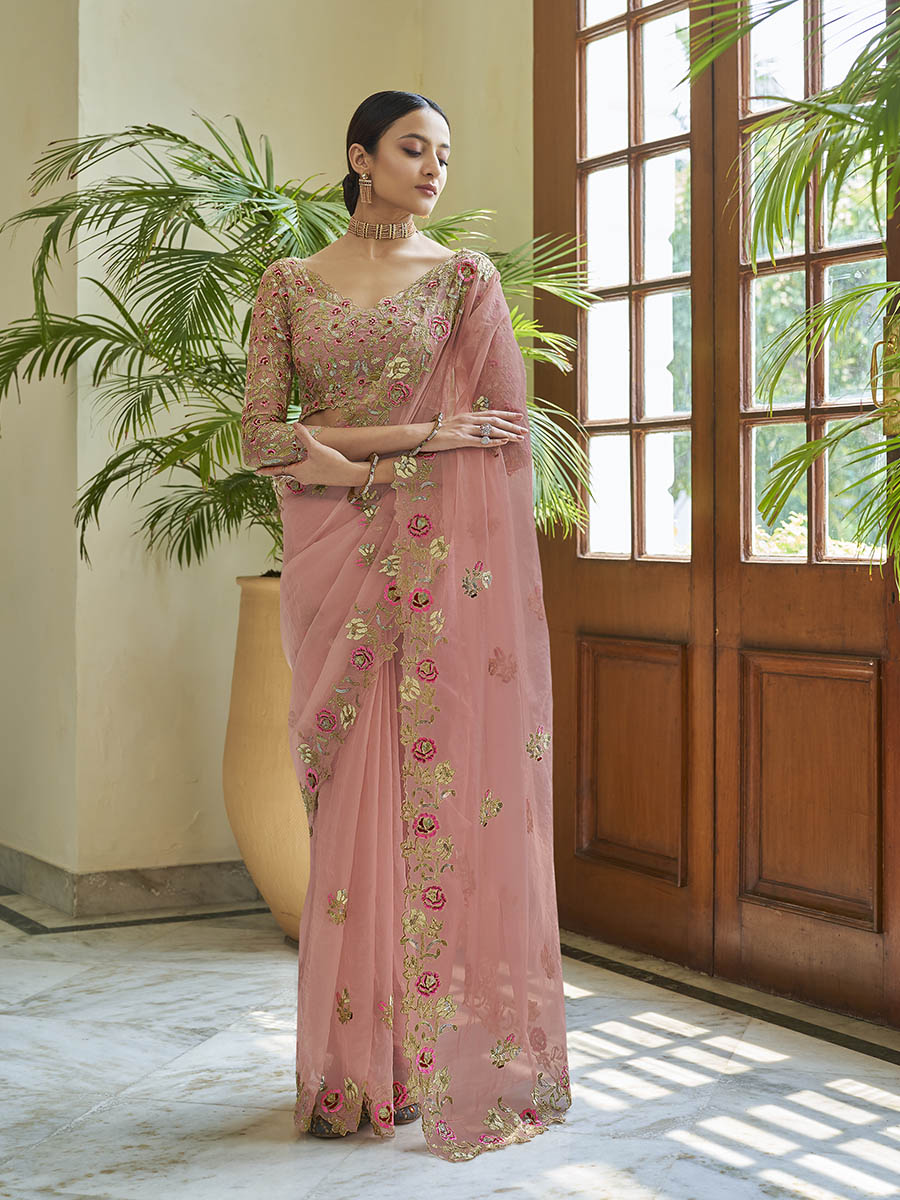 Buy Myra Peach Embroidered Organza Fancy Saree Online at Best Price Distacart